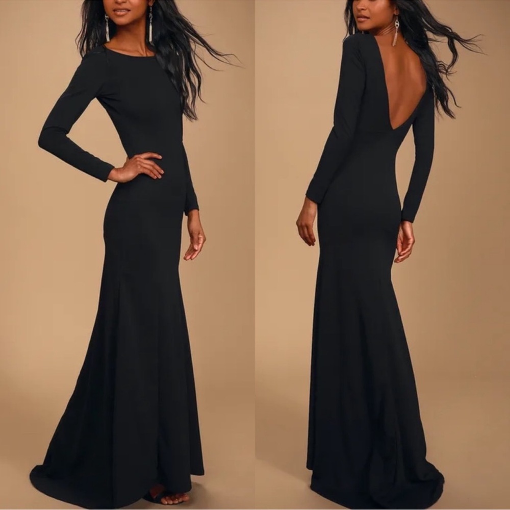 NWT Lulus Wait For Me Black Long Sleeve V back Maxi Dress Sz XL